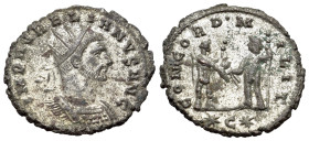 Aurelian (270-275). Radiate (22mm, 3.32g, 11h). Cyzicus. Radiate and cuirassed bust r. R/ Aurelian standing r., holding sceptre, receiving globe from ...