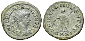 Numerian (Caesar, 282-283). Radiate (22mm, 3.46g, 6h). Ticinum, AD 282. Radiate, draped and cuirassed bust r. R/ Numerian standing l., holding baton a...