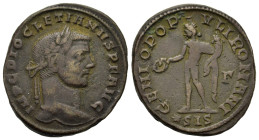 Diocletian (284-305). Æ Follis (26,2mm, 10.3g). Siscia. Laureate head of Diocletian r. R/ Genius, nude but for chlamys over his left shoulder, standin...