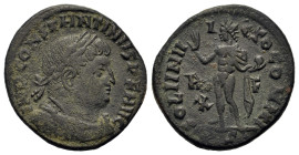 Constantine I (307/10-337). Æ Follis (18,5mm, 3.7g). Rome. Laureate, draped and cuirassed bust r. R/ Sol standing left, holding globe and raising righ...