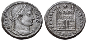 Constantine I (307-337). Æ Follis (18mm, 3.54g, 6h). Siscia, AD 326-7. Laureate head right. R/ Camp gate with two turrets, no door and star above; •ΓS...