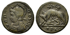 Constantine I (307/310-337). City Commemorative. Æ Follis (16,2mm, 2.5g). Lugdunum, AD 330-331. Helmeted bust of Roma left, wearing imperial mantle. R...