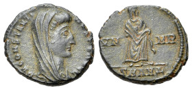 Divus Constantine I (died 337). Æ Follis (14mm, 1.54g, 11h). Antioch, 347-8. Veiled head r. R/ Constantine, veiled, standing r.; SMANΔ. RIC VIII 112. ...