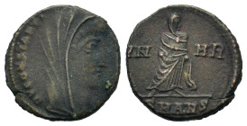 Divus Constantine I (died AD 337). Æ Follis (14,7mm, 1.8g). Antioch, AD 347-348. Veiled head r. R/ Constantine standing facing, head right; VN/MR//SMA...