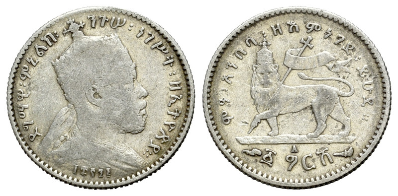 Ethiopia. Menelik II (1889-1913). Half Birr 1887 (15mm, 1.39g, 6h). Crowned effi...