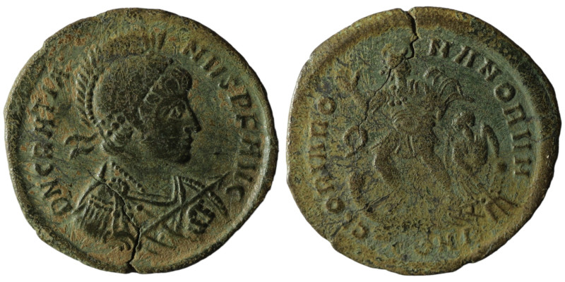 Gratian. (392-395 AD). Follis. Constantinople. Obv: D N GRATIANVS P F AVG. helme...