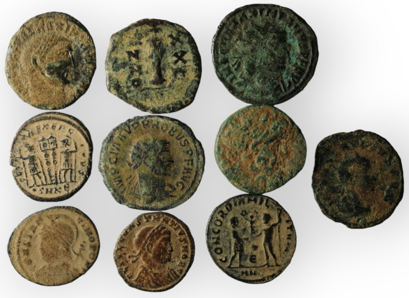 Lot of 10 ancient bronze coins. artifcial sandpatina. sold as seen, no return. r...