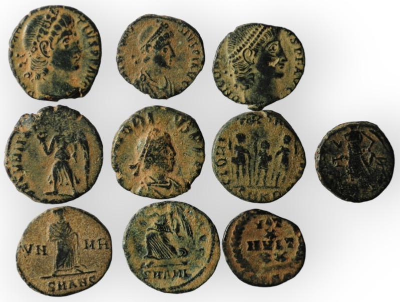 Lot of 10 Roman bronze Follis. artifcial sandpatina. sold as seen, no return. re...