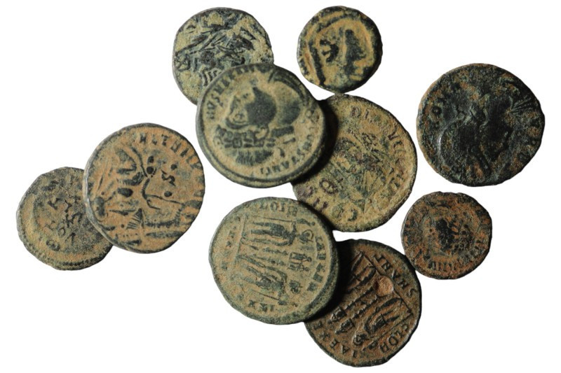 Lot of 10 Roman bronze Follis. artifcial sandpatina. sold as seen, no return. re...