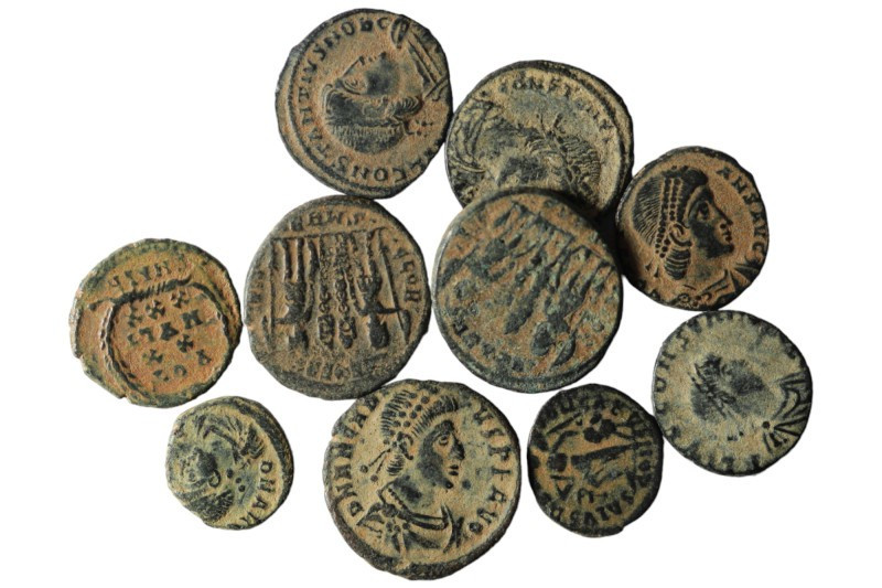 Lot of 10 Roman bronze Follis. artifcial sandpatina. sold as seen, no return. re...