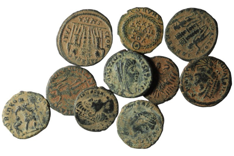 Lot of 10 Roman bronze Follis. artifcial sandpatina. sold as seen, no return. re...