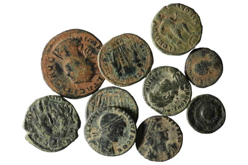 Lot of 10 ancient bronze coins. artificial sandpatina. sold as seen, no return. ...