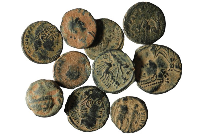 Lot of 10 ancient bronze coins. artificial sandpatina. sold as seen, no return. ...