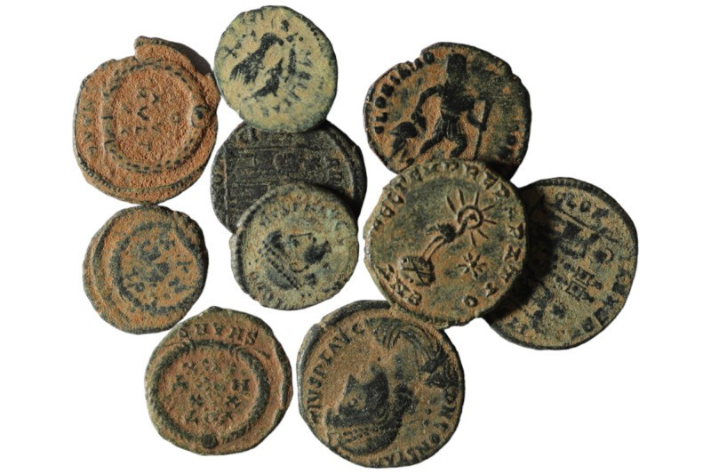 Lot of 10 ancient bronze coins. artificial sandpatina. sold as seen, no return. ...