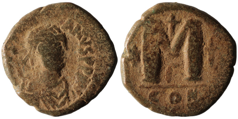 Justin I. (518-527 AD) Æ Follis. Constantinople. Obv: D N IVSTINVS P P AVG. diad...