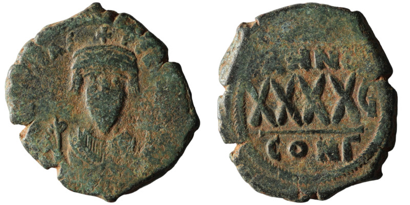 Phocas. (605-606 AD). Æ 40 Nummi. Constantinople. Obv: bust of Phocas facing. Re...