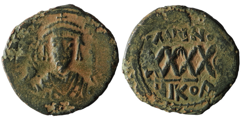 Phocas. (605-606 AD). Æ 40 Nummi. Nikomedia. Obv: bust of Phocas facing. Rev: AN...