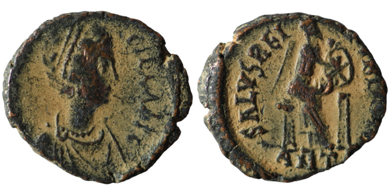 Aelia Flaccilla. ( 383-388 AD). Nummus. Antioch. Obv: AEL FLACCILLA AVG. Pearl-d...