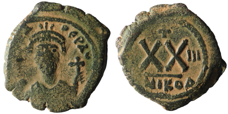 Phocas. (605-606 AD). Æ 20 Nummi. Nikomedia. Obv: bust of Phocas facing. Rev: AN...