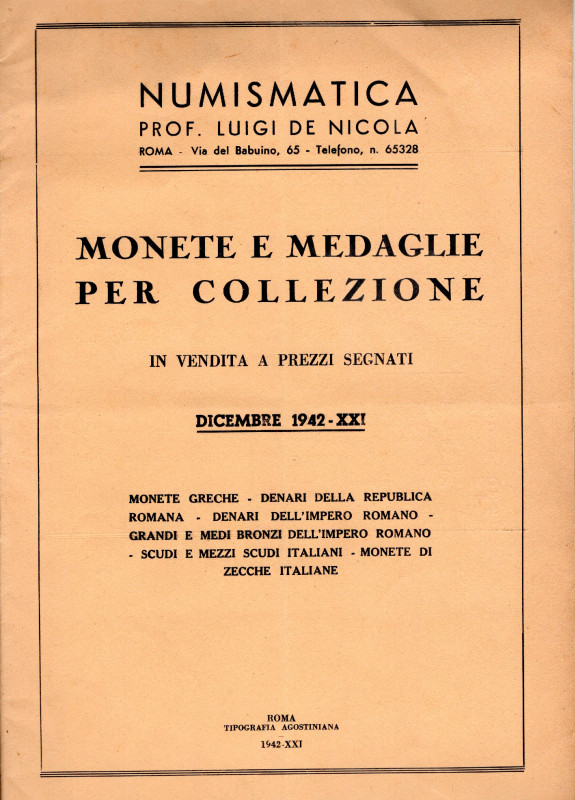 DE NICOLA L. – Listino a prezzi fissi Dicembre 1942. Pp. 36, nn. 1350. Ril. ed. ...