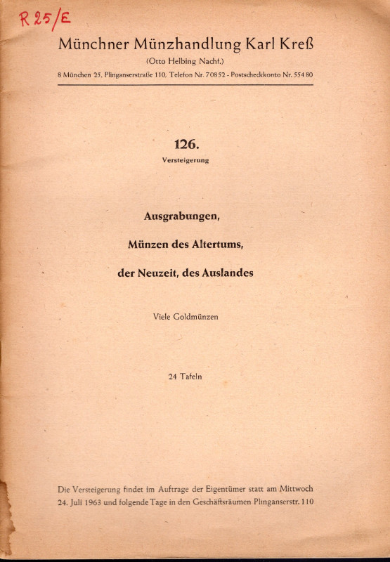 KRESS K. – Auktion 126. Munchen, 24 – Juli, 1963. Munzen antike und mittelalters...