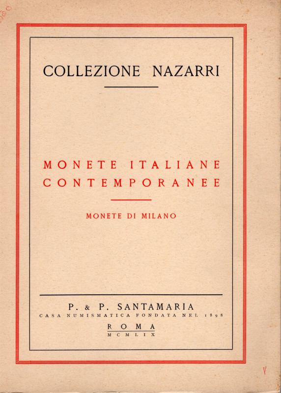 SANTAMARIA P&P. - Roma, 8\10 - Ottobre,1959. Collezione Nazarri. Monete italiane...