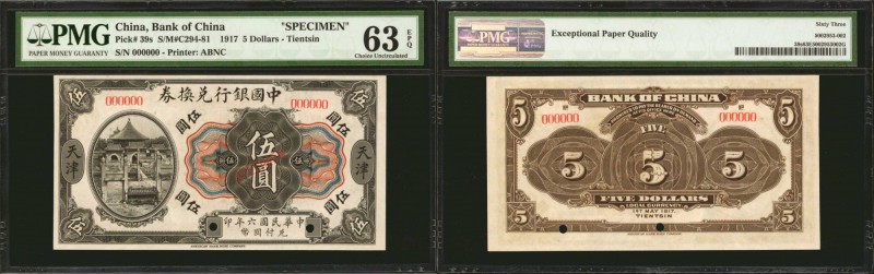 CHINA--REPUBLIC. Bank of China. 5 Dollars, 1917. P-39s. Specimen. PMG Choice Unc...