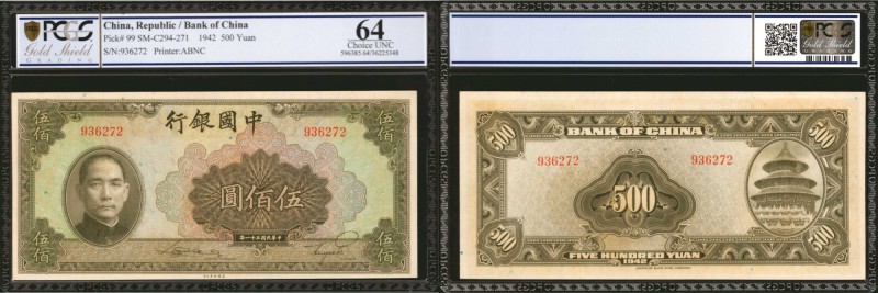 CHINA--REPUBLIC. Bank of China. 500 Yuan, 1942. P-99. PCGS GSG Choice Uncirculat...
