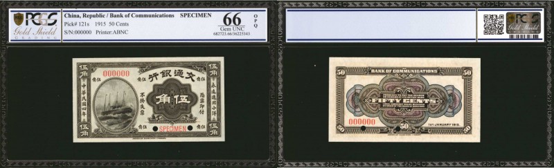 CHINA--REPUBLIC. Bank of Communications. 50 Cents, 1915. P-121s. Specimen. PCGS ...