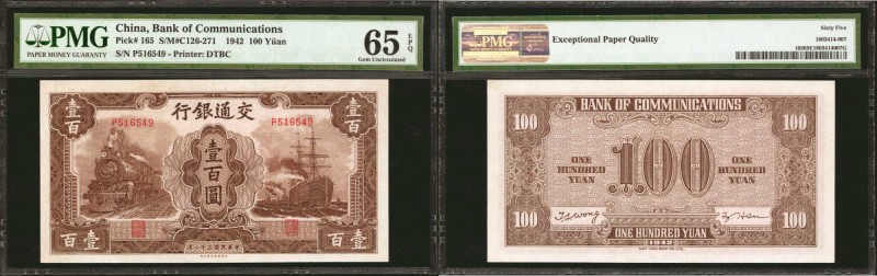 CHINA--REPUBLIC. Bank of Communications. 100 Yuan, 1942. P-165. PMG Gem Uncircul...