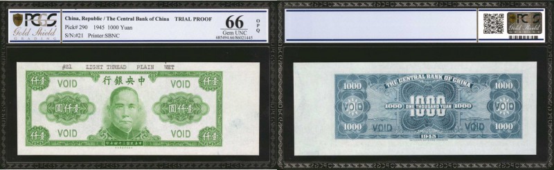 CHINA--REPUBLIC. Central Bank of China. 1000 Yuan, 1945. P-290. Trial Proof. PCG...
