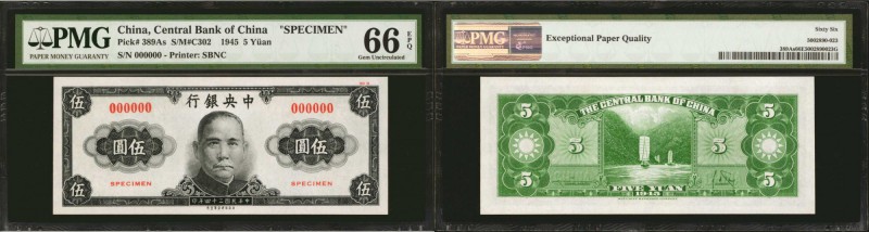 CHINA--REPUBLIC. Central Bank of China. 5 Yuan, 1945. P-389As. Specimen. PMG Gem...