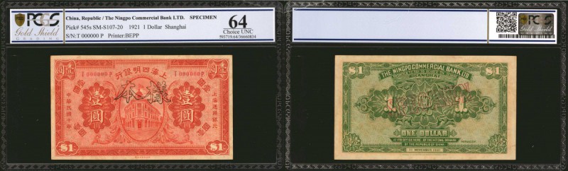 CHINA--REPUBLIC. Ningpo Commercial Bank Ltd. 1 Dollar, 1921. P-545s. Specimen. P...