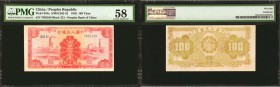 CHINA--PEOPLE'S REPUBLIC. People's Bank of China. 100 Yuan, 1949. P-834a. PMG Choice About Uncirculated 58.

(S/M #C282-42) Block 321. Bright red co...