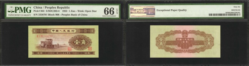CHINA--PEOPLE'S REPUBLIC. People's Bank of China. 1 Jiao, 1953. P-863. PMG Gem U...