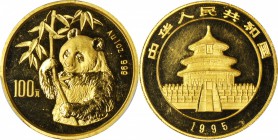 CHINA. 100 Yuan, 1995. Panda Series. PCGS MS-63 Gold Shield.

Fr-B4; KM-719; PAN-235b. Small date. KEY DATE for 100 Yuan gold Pandas. Signs of handl...