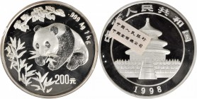 CHINA. 200 Yuan, 1998. Panda Series. BRILLIANT PROOF.

KM-1133; PAN-308a. Mintage: 1,998. Massive proof with hard mirrored fields and frosted cameo ...