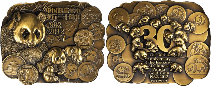 CHINA. Gold Panda 30th Anniversary Brass Medal Plaque, (2012). Shanghai Mint. NG...