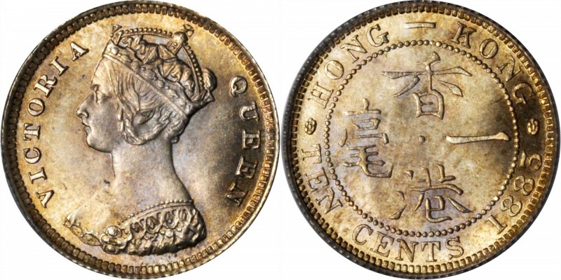 HONG KONG. 10 Cents, 1883. Victoria. PCGS MS-65.

KM-6.3; Mars-C18. Flat top "...