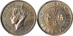 HONG KONG. 50 Cents, 1951. PCGS PROOF-66 Gold Shield.

KM-27.1; Prid-16. Though denominated as 50 Cents, the obverse die was prepared using the cont...