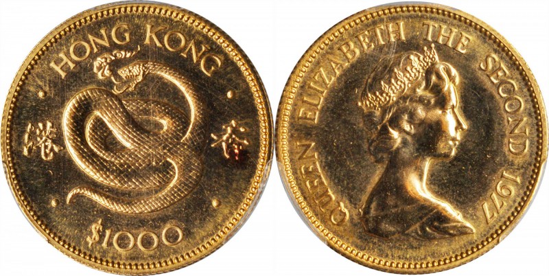 HONG KONG. 1000 Dollars, 1977. Lunar Series, Year of the Snake. MS-67 Gold Shiel...