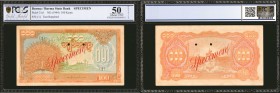 BURMA. Burma State Bank. 100 Kyats, ND (1944). Specimen. P-21s1. PCGS GSG About Uncirculated 50 Details. Tear Repaired.

Specimen overprint and punc...