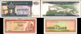 CAMBODIA. Banque Nationale du Cambodge. 10 & 100 Riels, ND (1962-75). P-11a, 12a. Uncirculated.

2 pieces in lot. A very minor blemish on the bottom...