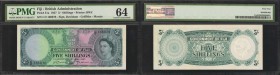 FIJI. British Administration. 5 Shillings, 1957. P-51a. PMG Choice Uncirculated 64.

Printed by BWC. A colorful 1957 QEII 5 Shillings note from the ...
