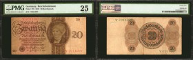 GERMANY. Reichsbanknote. 20 Reichsmark, 1924. P-176. PMG Very Fine 25.

Just some even wear to report on this collectable date.

Estimate: $250.00...