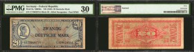 GERMANY, FEDERAL REPUBLIC. 20 Deutsche Mark, ND (1948). P-9a. PMG Very Fine 30.

A popular Post WWII Allied Occupation note. PMG comments "Stained."...