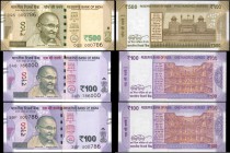 INDIA. Reserve Bank of India. 100 & 500 Rupees, 2016-18. P-112 & 114. Fancy Serial Numbers. Uncirculated.

3 pieces in lot. Lot includes two 100 Rup...