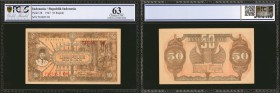 INDONESIA. Republik Indonesia. 50 Rupiah, 1947. P-28. PCGS GSG Choice Uncirculated 63.

Vignettes of Achmed Sukarno at left, and a rubber plantation...