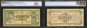 INDONESIA. Republik Indonesia. 100 Rupiah, 1947. P-24a. PCGS GSG Choice Uncirculated 64.

Achmed Sukarno found at left on this green colored note wi...