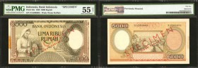 INDONESIA. Bank Indonesia. 5000 Rupiah, 1958. P-63s. Specimen. PMG About Uncirculated 55 Net. Previously Mounted.

PMG comments "Previously Mounted"...